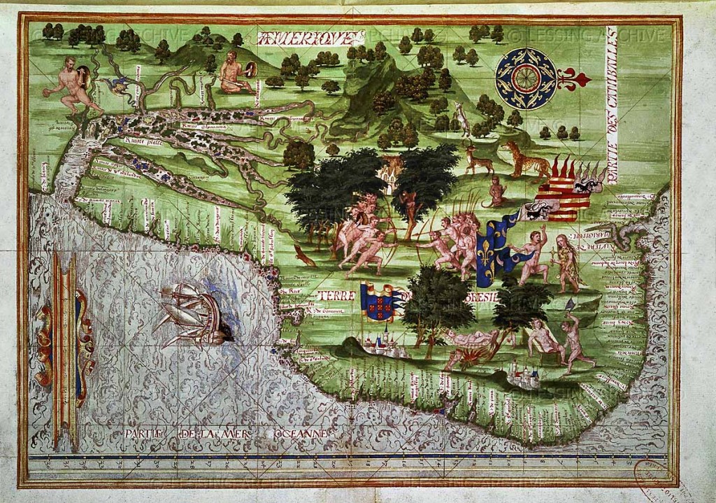By the middle of the sixteenth-century, reports of cannibalism among the Indians began to clash severely with philosophical notions of the noble savage. Guillaume le Testu avoided the problem with this 1555 map of Brasil by showing both the idyllic and the savage in a bewildering blend. Adam and Eve like, the Brazilians sleep blissfully in hammocks, and at the same time practice butchery upon each other. 