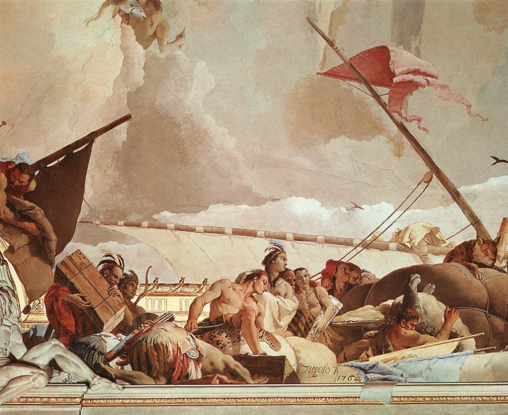 Giovanni Battista Tiepolo. Glory of Spain. 1762-66. ''The loading of a European ship with the treasures of the American continent is depicted in a direct allusion to the discovery of America by Christopher Columbus and to the Spanish conquest of the New World in the l6th century. The two Red Indians in the foreground, who throw themselves to the ground in front of the ship, symbolize the Europeans' victory over the natives.''