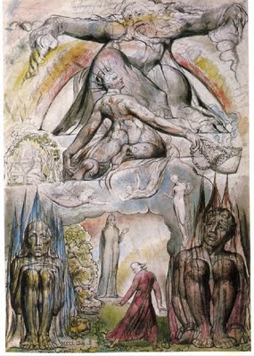''This painting is labeled in pencil “HELL Canto 2”, but it depicts an elaborate symbolism that appears nowhere in Dante’s written description. Here Blake undertakes the project of combining his own iconographic language with Dante’s story, to make the Comedy into a “corrected” collaboration. The difficulty of interpreting his message is compounded by the fact that the painting is unfinished.''