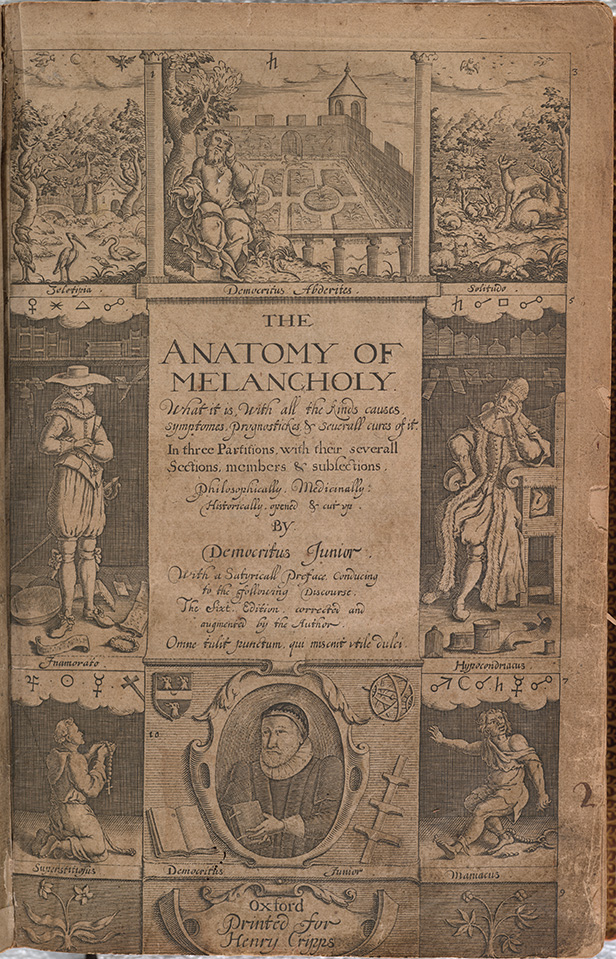 portion of the title page. 1638 edition. the left handed column from the top; the jealous symbolized by the moonlit garden, the lovesick personfied by a down-at-the-mouth dandy; the superstitiousby a friar telling his beads. On the RH column, the hypochondriacal personified by a bookish worrier etc..