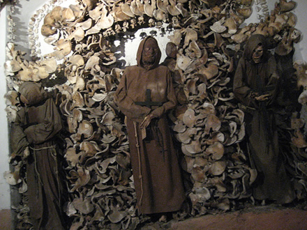 ''Considered one of the creepiest places in Rome, the Crypt of the Capuchins is made up of several tiny rooms, decorated with the bones of over 4,000 Capuchin monks and poor Romans. Because the soil in the crypt was brought from Jerusalem, many of the friars who died between 1528 and 1870 wanted to be buried here.''