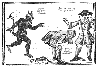 Caricature - Daniel Defoe and the Devil at Leap-frog "Make a fair Back Daniel," says the devil. "I do don't I Pinkeman," replies Defoe?. "No you cheating Dog you don't" answers Pinkeman.- joke lost in mists of history.