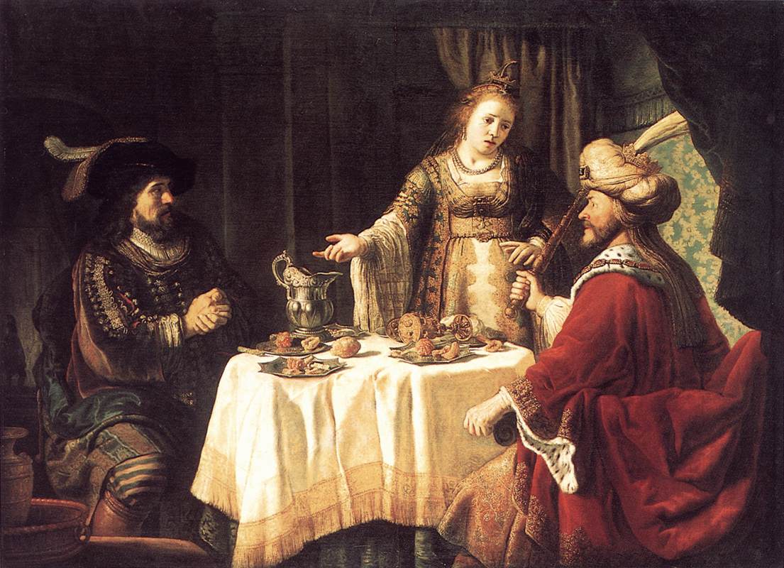 ''Calvinist collectors in the Dutch Republic were often especially interested in Old Testament paintings, as Calvin has advocated careful study of the biblical narrative. Jan Victors, who painted mostly Old Testament scenes, apparently made them primarily for Calvinist patrons. His large pictures of Old Testament subjects are distinctly related to Rembrandt's biblical pictures done after the mid-thirties; his paintings of tradesmen and rural genre scenes are more personal.  In this scene the Jewish heroine Esther, wife of the Persian King Ahasuerus, notifies her husband of the plans of his advisor Haman, here seen at left, who has schemed to massacre the Jews in the Persian empire.''