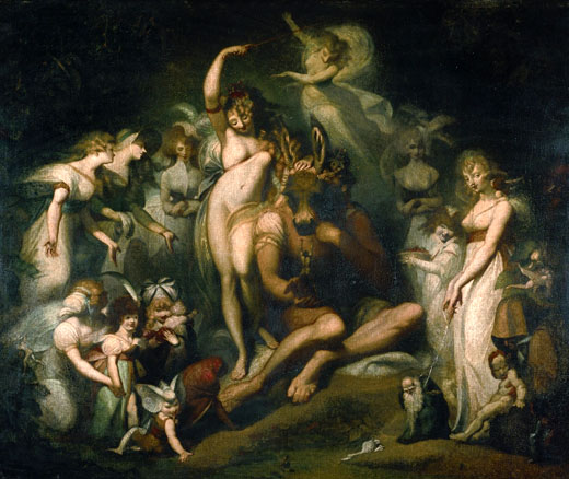 Henry Fuseli. Titania and Bottom. ''Titania, the queen of the fairies, has been made by her jealous husband Oberon to fall in love with Bottom, whose head has been magically transformed into that of an ass. Bottom orders her fairies to serve his whims. Peaseblossom scratches his head, Mustardseed rubs his nose, Cobweb, standing on Bottom's outstretched hand, is ordered to kill a bumblebee. The painting was commissioned by John Boydell for his Shakespeare Gallery.''