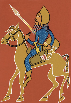 Attila the Hun was displayed on horseback, because it wouldn't be appropriate to depict the khan of a nation of horsemen on foot. The clothing, the horse's bridle, and the weaponry were entirely derived from the Scythian examples on the comb, vessels, and plaque. The face was modelled on description of Jordanes. All was deformed and coloured on the basis of the style characteristics of the ‘animal style’ and the Pazyryk culture. It's almost unthinkable that Attila the Hun ever sat on his horse with so many weapons at once.