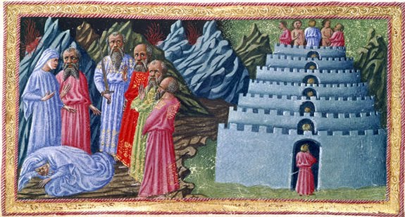 ''The picture above pictures Dante and his guide Virgil conversing with Ovid, Homer and Horace before the castle of Limbo. Its seems that the first ring of hell (limbo) is not such a bad place. In the Christian view none of the horrific punishments to be dealt out in the subsequent circles of hell can hold a beeswax candle to not being in the presence of the lord. So the first ring of hell is actually quite a nice place environmentally; lots of green fields and a cool seven-sided castle, just no direct contact with the supreme being.''