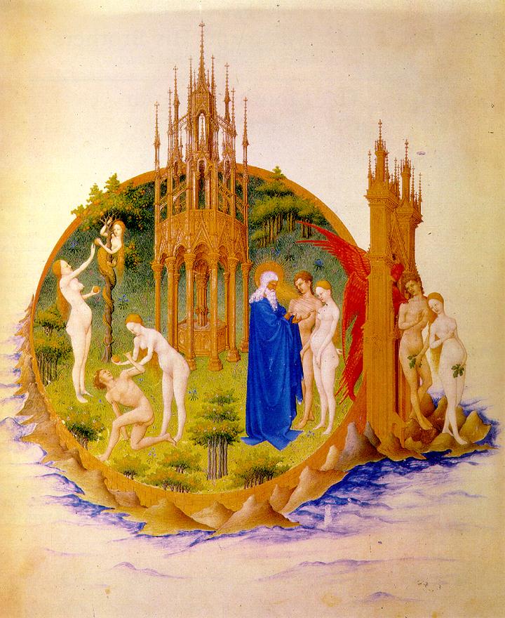 The Garden of Eden is an exquisite toy world , and Adam and Eve are refined and winsome, in the Limbourgs' rendering of the Fall for the Duc de Berry