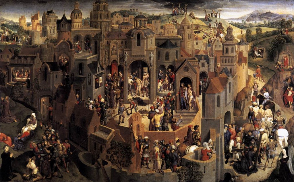 Hans Memling. 1470. ''This work is the first in a series of narrative paintings which came to represent an important aspect of Memling's oeuvre. It is a `simultaneous painting' and like the Munich Advent and Triumph of Christ belongs to the landscape-cum-architecture type. Jerusalem features at the centre of the painting as a condensed version of the circular lay-out of a medieval city. Most of the buildings are tower constructions with porticos in a pseudo-Romanesque style topped with domes. These are intended to evoke the exotic character of an Eastern city, while also creating a variety of settings for the action. The overall effect is that of a complex stage set.''