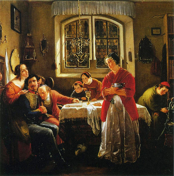 ''In his 1833 painting “The Return of the Jewish Volunteer From War,” Oppenheim showed the Jews’ struggle to define their individual and collective identities within the framework of existing German perceptions. Suggesting that Germany saw its Jews in an unflattering, misguided light, he sought to emphasize that the Jews had earned their rights by their loyal and enthusiastic participation in the Napoleonic Wars but, with Napoleon’s defeat, the 1815 Congress of Vienna rescinded the Jews’ emancipation rights '' Moritz Oppenheim
