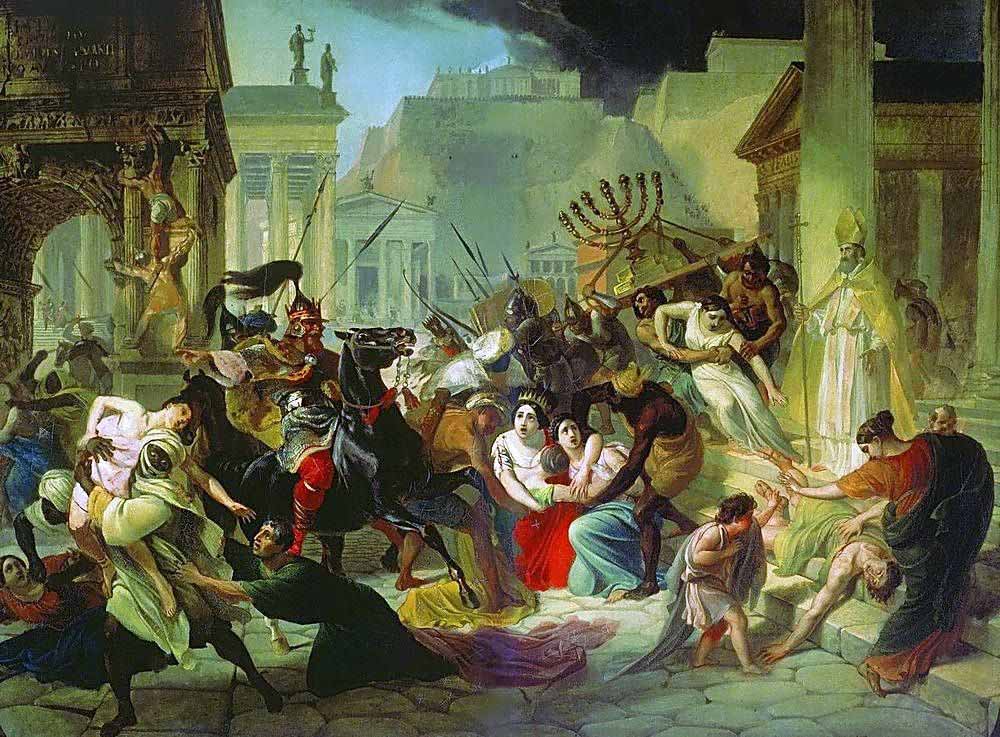 Karl Bruillov. Interpretation of Geseiric's sack of 455. "The sack of 455 is generally seen by historians as being more thorough than the Visigothic sack of 410, because the Vandals plundered Rome for fourteen days whereas the Visigoths spent only three days in the city" 