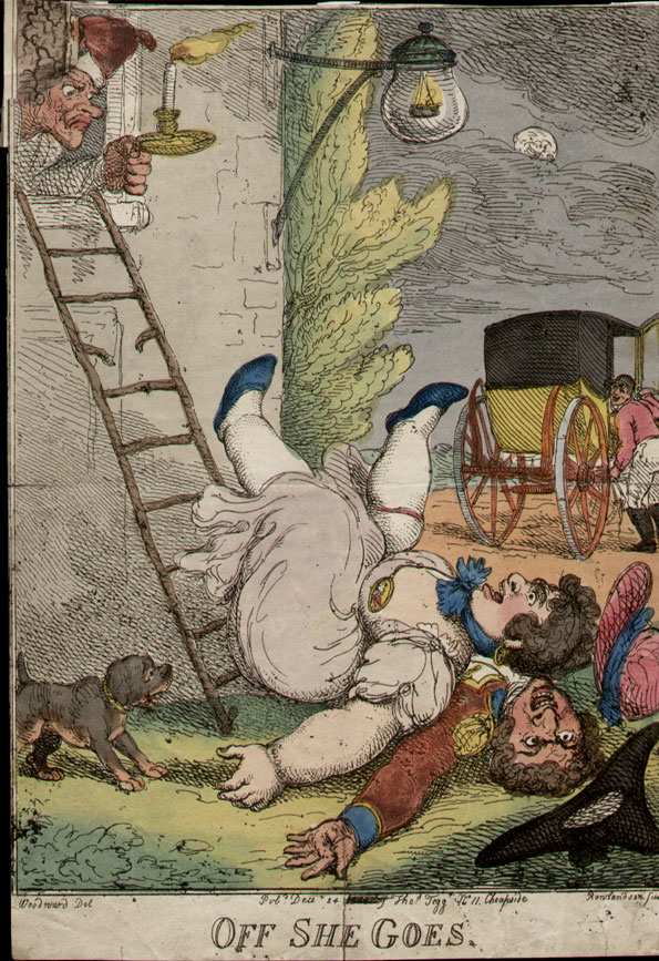 Rowlandson. T. Rowlandson. Off She Goes. Published December 24th (year obliterated), by Thos. Tegg No II (sic) Cheapside. 8¾ x 12¾. Original colour, trimmed to the image with the top left corner missing and crudely filled in and old folds.  A fun Rowlandson image of an elopement. B. M. 11974. £50.