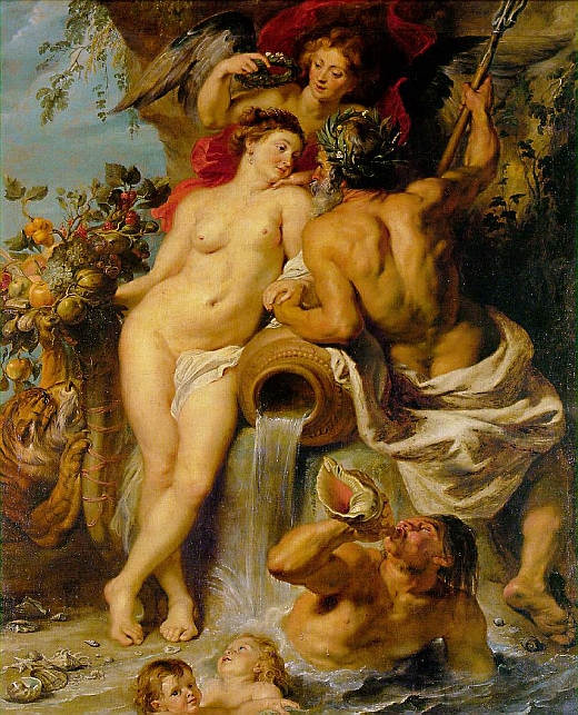 Rubens. The Union of Earth and Water. ''While Rubens was in Rome he must have been impressed not only by its fountains but also by its marble copy of Praxiteles' Resting Satyr, for he later merged the two in a painting of 1618, The Union of Earth and Water. Impressed by the satyr's languid pose and soft, ripe, feminine form, he turned him into a zaftig Rubinesque woman, flipped her over to lean in the opposite direction, and replaced the satyr's flute with the hand of trident-wielding Neptune - shown here in the guise of a Roman river god, with his watery essence flowing out of an overturned jar, as a Triton blows his horn and putti gambol in the water.''