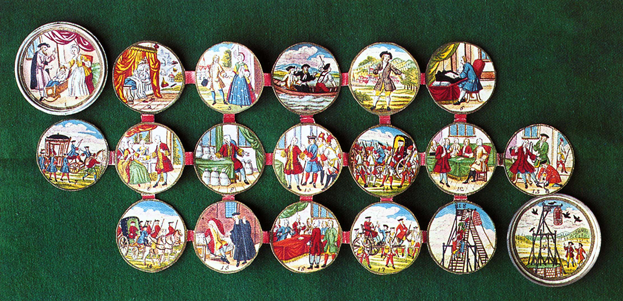 Screw medal enclosing nineteen painted roundels giving a complete pictorial narrative of Oppenheimer's life. 