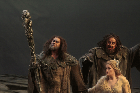 Wagner. Rheingold. ''René Pape as Fasolt, John Tomlinson as Fafner and Wendy Bryn Harmer as Freia [Photo by Beatriz Schiller/MetropolitanOpera] Plácido Domingo cannot persuade the Met to lower Siegmund’s music a tone, as he often does in Italian roles, and his German sounds a bit like Spanish, but he did get through it — partly, it seemed, by rushing when he was short on breath, obliging his old friend Maestro Levine to hurry the pace as well. Yes, he’s a miracle, and he plays this life-battered hero well, but it might be time to call it a career, at least as a Wagner tenor. ''