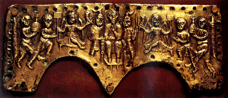 With a primitive artistry completely alien to the classical style this copper plaque depicts King Agilulf, rule of the Lombards from 592-615. Bagello Museum. Florence