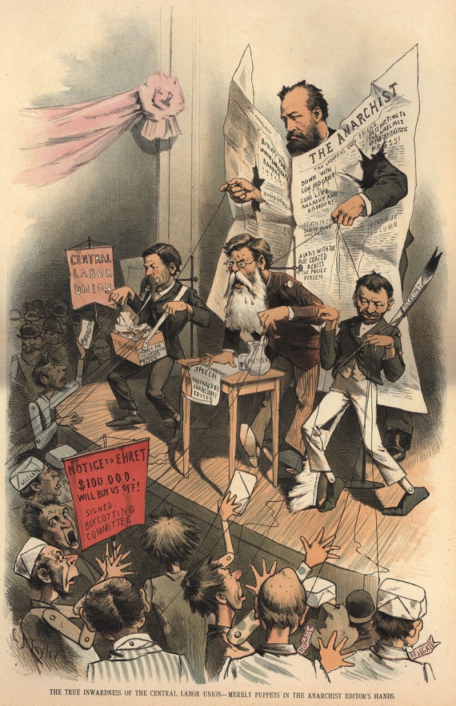 Title:	The True Inwardness of the Central Labor Union - Merely Puppets in the Anarchist Editor's Hands Subjects:       Labor Unions -- United States Anarchism -- United States Journalism -- United States Political cartoons -- United States