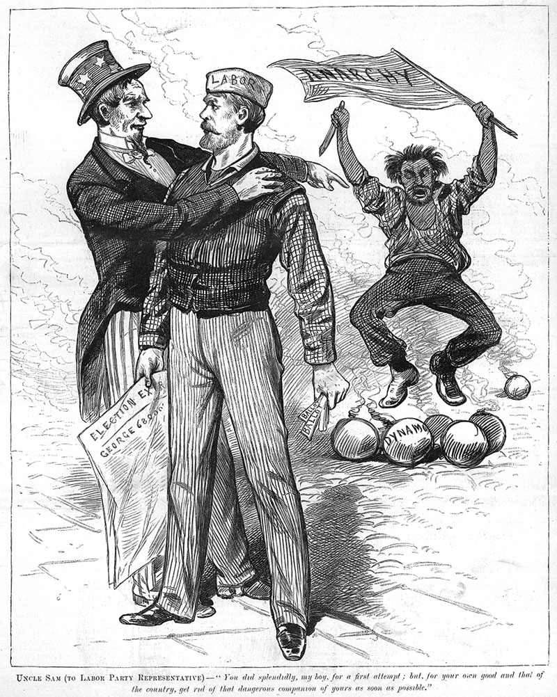 Uncle Sam (to Labor Party Representative) "You did splendidly, my boy, for a first attempt, but, for your own good and that of the country, get rid of that dangerous companion [anarchy] of yours.... Subjects:	Anarchism -- Labor unions -- Politics and government -- 1880 - 1890 Political cartoons -- United States -- 1880 - 1890 Source:	Frank Leslie's Illustrated Newspaper, November 13, 1886