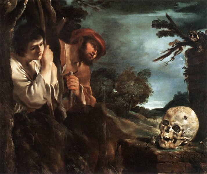 www.randomknowledgefiles ''Et in Arcadia ego (also known as The Arcadian Shepherds) is a painting by the Italian Baroque artist Giovanni Francesco Barbieri (Guercino), +/- 1620.  Et in Arcadia ego (“I am in Arcadia too”) appears onto the cippus. It’s a moral reference to death. Remark also the iconography of the memento mori theme, a genre of artistic creations that vary widely from one another, but which all share the same purpose, which is to remind people of their own mortality.  ''