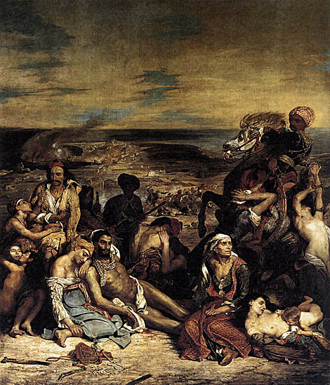 www.hoocher.com ''A spectacular illustration of the enthusiasm aroused amongst the romantic youth by the revolt of the Greeks against the Turks, the Massacre at Chios was directly inspired by the savage Turkish repression of the population of the island of Chios in April 1822. The critics at the Salon of 1824 received this fine painting very unfavourably. Delacroix had been inspired by Constable's Hay-Wain, which was exhibited at the same Salon, reworking the landscape background with a vibrant touch. Horrified by the massacres perpetrated in Greece by the Sublime Porte, Delacroix denounced this crime against humanity - this genocide. His denunciation took immediate form in The Massacre of Chios; his gesture parallels that of his fervent admirer, Picasso, in his representation of the massacre at Guernica.''
