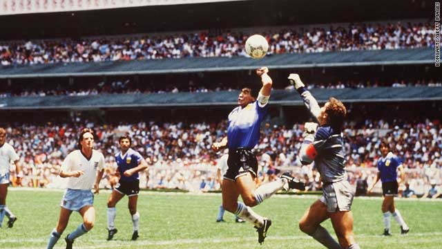 ''Diego Maradona would go on to score one of the greatest goals of all time later in the game, but in the minds of many this was tarnished by the one he scored earlier. After England midfielder Steve Hodge's mis-hit clearance looped backwards into the penalty area, goalkeeper Peter Shilton went to punch it clear. But Maradona got there first -- leaping high into the air, the diminutive forward fisted it past Shilton and wheeled off celebrating. Maradona described it as the "Hand of God", but for England it came from a more devilish place.'' CNN