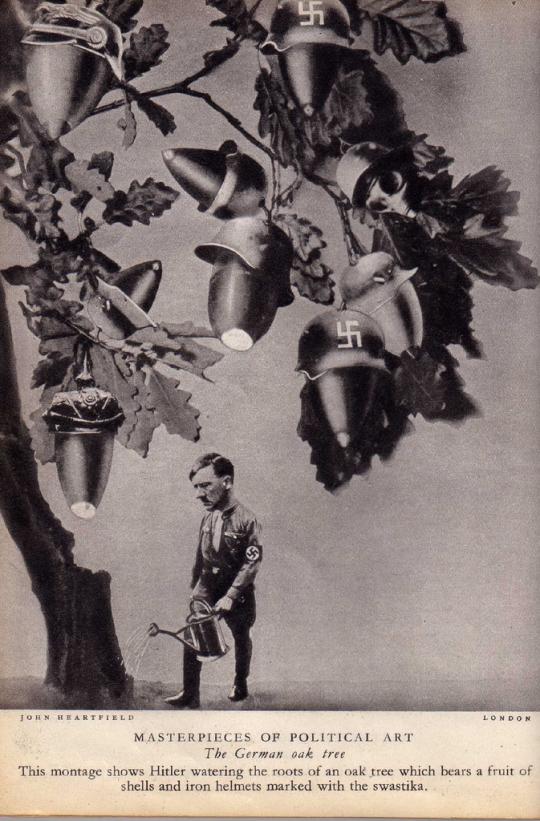 R.L. Evans: ''The Oak Tree is watered by the environmentally aware Hitler.  However, what it produces is shells and iron helmets marked with swastikas.  A potent image showing how the ideals of a nation will water down from the top, the oak tree is Germany – watered from the bottom by the man at the top.  This was produced in 1939 by which time Heartfield had felt it necessary to retreat from his adopted host nation of Czechoslovakia.  He made it to England and lived in Hampstead, London, for the duration of the war.  Read more: http://quazen.com/arts/visual-arts/the-extraordinary-anti-nazi-photomontages-of-john-heartfield/#ixzz0qaSUGJlv''