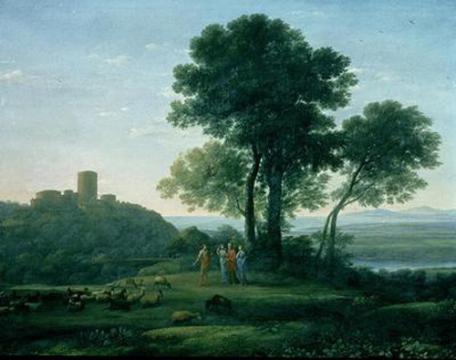 Claude Lorrain. Landscape with Jacob, Laban and his Daughters. 1654.Tom Lubbock: ''In short, these figures are in every way extraneous. They're mis-fits to the scene, and they're simple to remove, and they're not missed when they're gone. And yet Claude puts them in. Are they a mistake, an old habit? That's one explanation: the artist was simply unable to abandon narrative subject-matter, unable to devote himself (as he should have) to pure landscape. Or is there something positive that they give to his landscape painting?  There is. What they give is precisely their extraneousness - or to put that another way, their contingent presence. They aren't merely a distraction. What they're doing is intimating that they might easily not be here. What these added-in figures bring to this landscape is a sense of temporary visitation.'' 