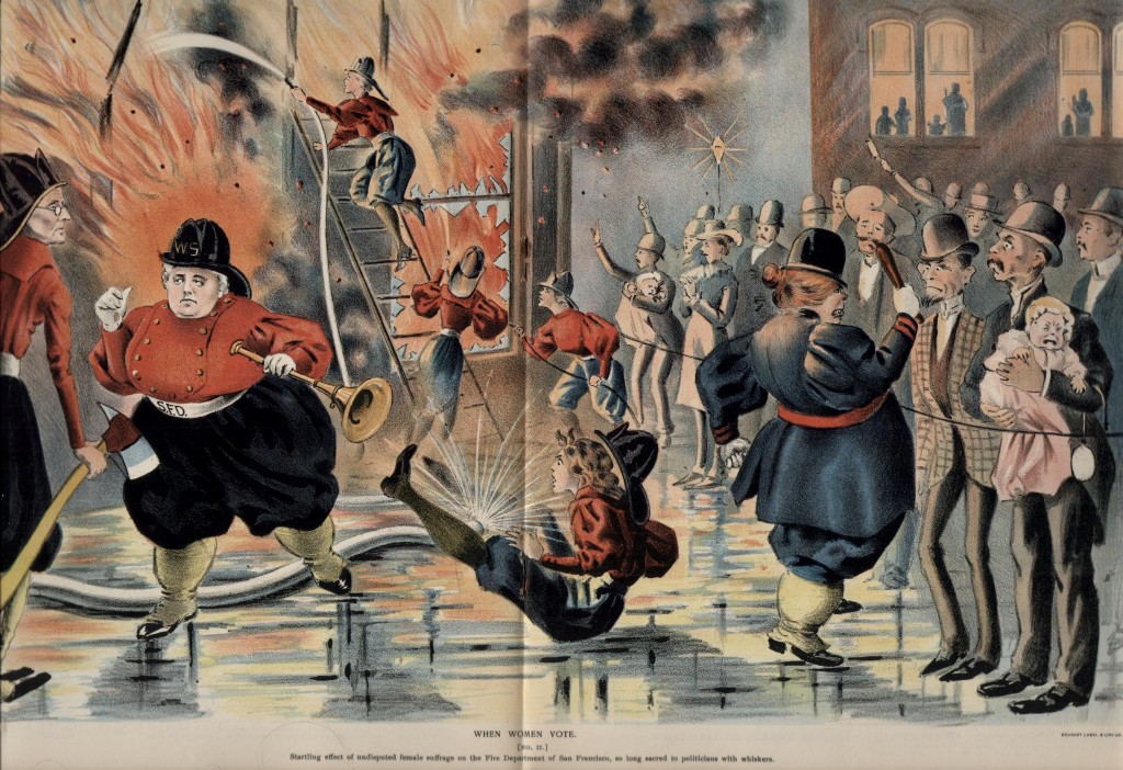 ''And even relegating men to the woman’s role. Note below, the men holding babies, and being kept behind the rope by a police woman, while a women’s fire brigade do the work of fire fighting, in this centerspread cartoon published in San Francisco’s Wasp magazine, on May 23, 1896, titled When Women Vote.''