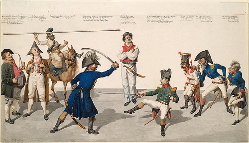 "This original ink-and-watercolor caricature shows a petite, prancing Napoleon dueling with a heavy, domineering Gerhard Leberecht von Blücher, while a British sailor judges the match. The participants in the duel are backed by supporters: Napoleon’s faction includes French generals, while von Blücher’s includes German peasants and a Russian cossack. The caricature parodies political conditions at the time. Following Napoleon’s retreat from Russia, the Germanic states, led by Prussia, reentered the wars against Napoleon. At the time the caricature was made, Prussian incursions were the primary threat to France, and von Blücher was the field marshal who pressed to move the Prussian army into France itself. The work is by the Prussian artist Johann Gottfried Schadow (1764-1850)."