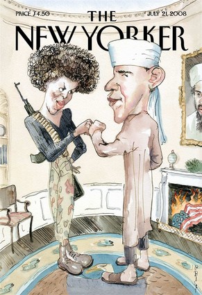 This illustration provided by The New Yorker magazine, the cover of the July 21, 2008 issue by artist Barry Blitt, shows Democratic presidential candidate Barack Obama dressed as a Muslim and his wife as a terrorist.