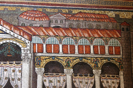 Detail of mosaic depicting the city of Ravenna and the Palace of Theodoric (foreground) in c.500 AD. Sant'Apollinare Nuovo, Ravenna.