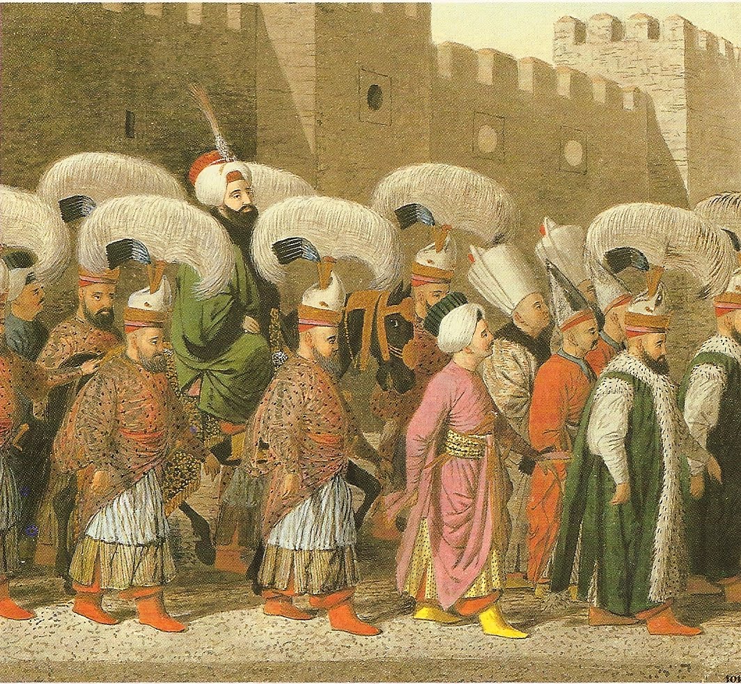 ''All the procedures within the palace were codified in kanunname, or law codes that even specified the dress for every rank of the ruling class.  Pictured here is the Sultan leaving Topkapi Palace for Friday prayers in one of the capital's mosques circa 1810 by an unknown artist. The once-a-week outing was the only time the Sultan appeared in public.  The advisers to the Sultan, the viziers, wore green. Chamberlains wore scarlet. Religious dignitaries wore purple and mullahs light blue. The master of horse dressed head-to-foot in dark green.''