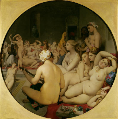 Ingres. The Turkish Bath.''I’ve always meant to do something with it because a) I really love Ingres, b) the image is just so iconic and c) that back is just a blank canvas screaming for a tattoo.  At least that’s what I see when I look at it.  So for years I’ve toyed with various ideas (for a while I was this close to painting her as the Bride, replacing the turban with that big shock of hair and a big Frankenstein’s monster tattoo on her back). ''