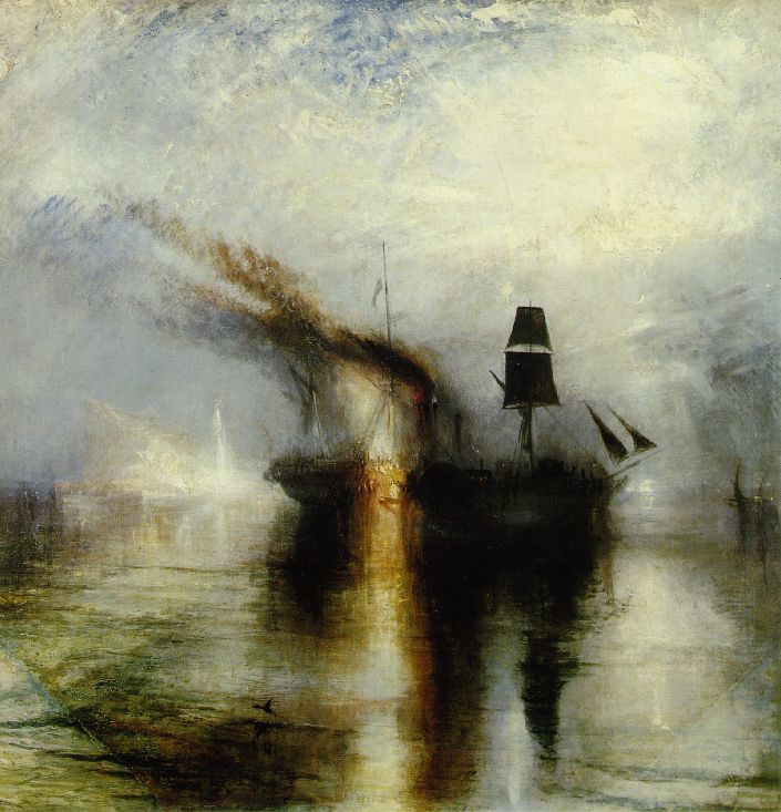 ''...but here Turner tributes the brave Temerarie depicting its last trip before being scrapped. This supreme work was elected as the best painting in England in a poll organized by the National Gallery of London in 2005. Certainly, very few paintings can be compared with this. One of them is the " Peace - Burial at sea" (1842, London , Tate Gallery), created to the memory of the painter Sir David Wilkie''