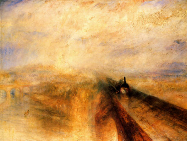 Turner. rain Steam and Speed. Turner merged storm and steam in this picture of a train crossing the Taplow-Maidenhead viaduct. It was probably the first major painting inspired by the industrial revolution.   d