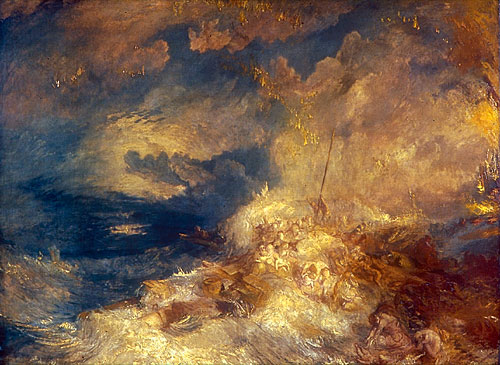 turner20 Turner. Disaster at Sea.1835. Schama: ''He was, once again, playing with fire, and although that 1835 picture is in a radically incomplete state, it's the skeleton of a masterpiece. Flecked with gobs of phosphorescent cinders raining down from the sky into a storm-churned sea, the huge composition was traditionally given the title "Fire at Sea." For years, it was underrated and underread as a rough sketch. It is in the National Gallery show, where visitors will find it described as "Disaster at Sea," which is right but not right enough. Fifteen years ago, the scholar Cecilia Powell recognized that the work depicted an actual calamity, or, rather, a crime: the sinking of the Amphitrite, in September, 1833. Powell made one simple, vital connection that hadn't been noticed before: the frantic figures wrapped about the broken mast and fallen spars of the rapidly sinking wreck are all women and small children. The Amphitrite was a convict ship transporting female prisoners and their infants to the penal settlement in New South Wales. ...''