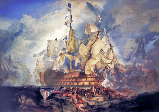 Turner. Battle of Trafalgar. ''In the case of the spectacular action painting "The Battle of Trafalgar," Turner did his homework, going to Sheerness to see the hulk of Nelson's flagship, H.M.S. Victory, and carefully sketching its splintered beams. But he threw the research away to compose, in 1806, an astounding enactment of the chaos of war at sea, using a viewpoint high up in the mizzenmast shrouds, where, although ostensibly on the British man-of-war, the beholder can as easily imagine himself in the roost of the French sharpshooter who kills Nelson. The entanglement of the ships of the line, like so many lumbering dinosaurs locked in belligerent slaughter, is described through an inchoate massing of sails, each impossible to connect to any vessel in particular.''