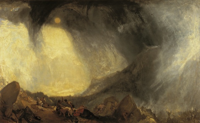 Turner. Hannibal Crossing the Alps. ''Important support for his works also came from Walter Ramsden Fawkes, of Farnley Hall, near Otley in Yorkshire, who became a close friend of the artist. Turner first visited Otley in 1797, aged 22, when commissioned to paint watercolors of the area. He was so attracted to Otley and the surrounding area that he returned time and time again. The stormy backdrop of 'Hannibal Crossing The Alps' is reputed to have been inspired by a storm over Otley's Chevin while Turner was staying at Farnley Hall.''