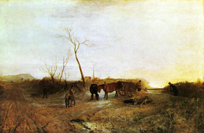 tate: Turner . Frosty Morning 1813. ''Turner was particularly fond of the painting shown above the fireplace, which is why it remained in his gallery rather than being sold to a collector. It records a scene he witnessed while travelling in Yorkshire, and is said to include his eldest daughter, Evelina (in blue) and his 'crop-eared bay' horse (pulling the cart). The painting was also much admired by contemporary and later critics. The Spectator saw in it 'the true tone of nature … imitated to perfection'. Years after Turner's death, Claude Monet saw it and declared it had been painted with 'wide-open eyes'.''