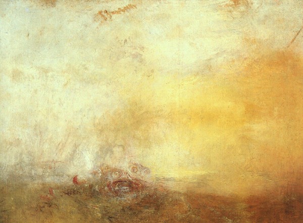 Turner. Sunrise with Sea Monsters. oldmastersnewperspectives.com:''On the other hand, these shows can make a painter out to be a lot more monotonous. While the sheer talent of Joseph William Mallord Turner keeps the recent retrospective of his work at the Metropolitan Museum of Art from completely falling into this categorization, OMNP came away from this show feeling ambivalent.To be sure, Turner was a great artist-an artistic pioneer whose focus on light prefigured the Impressionists, and whose feel for evocative atmospheres and the drama of the natural elements was unsurpassed. While such qualities made him unique, however, one leaves this exhibition feeling that they also made him one-dimensional.  As Roberta Smith alluded to earlier this month , viewing one or two Turner paintings is a lot different than 150 of them at once. We are used to seeing his paintings sticking out by themselves in a museum’s collection. But when they are bunched together, it causes his work to feel formulaic.''