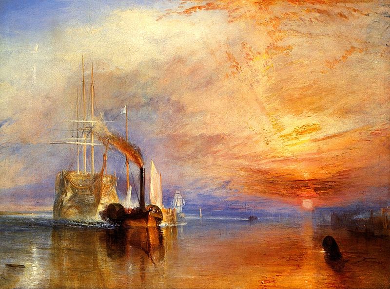 Schama: ''In the century and a half since Turner was buried, in St. Paul's Cathedral, the British have loved him with a grateful ardor that has nothing to do with his place in the genealogy of modernism and everything to do with the poetic visualization of their history. The year before last, BBC's Radio 4 asked listeners to vote for the greatest painting—from anywhere in the world, any time. The hot candidate was, unsurprisingly, Constable's "Haywain," that cart-horse idyll by a plashy stream that seems to preserve the English countryside, in all its cow-parsley, humming-bee, "Wind in the Willows" summery splendor forever and ever amen. But the winner was Turner's "The Fighting Temeraire Tugged to Her Last Berth to Be Broken Up" (1838), a painting not about the embalming of the British past but about its unsentimental coupling with the future.  ''