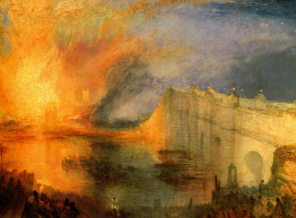 schama: ''When the Houses of Parliament caught fire, on the night of October 16, 1834, Turner, along with a throng of fellow-Londoners, rushed to see the spectacular inferno. Hiring a boat, he bobbed back and forth, riding the tide, at Westminster Bridge. There had been no foul play, but, since a Parliamentary-reform act had been passed just two years before, amid loudly voiced fears that, unless it was legislated, the kingdom might, like France in 1830, go down in bloody revolution, the relationship between rulers and ruled was in perilous play. A dominating feature of the two "Burning of the Houses of Lords and Commons" paintings that resulted—one now in Cleveland and one in Philadelphia—is the crowds jamming the embankment and Westminster Bridge, watching, fixedly, the cremation of "Old Corruption.' ''