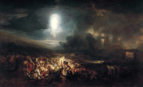 www.metmuseum.org ''The Duke of Wellington fared no better than Nelson. In 1817, Turner, after visiting the site of the bloody victory over Napoleon, at Waterloo, chose instead to paint the harrowing aftermath: a nocturnal carpet of corpses lit by the sulfurous glare of a rocket, with grieving wives and sweethearts, some of them carrying infants, searching desperately through the human debris. It is a return to the distraught Niobes of the Greeks, the wailing woman as personification of calamity.  ''