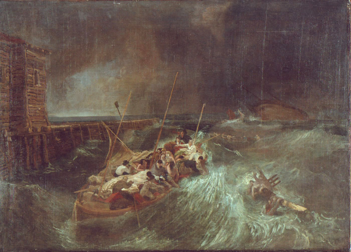 jmwturner.ca ''Shipwreck, the Rescue c1802 J.M.W. Turner R.A.  (161 x 222 cm)  Shipwreck, the Rescue: historically, this painting was 'the prize' of several Connoisseurs (provenance), all were  English. So how did this major work from Turner's early monumental sea-disaster series leave the country in the first place! A series of somewhat shocking revelations will soon answer this question. Joseph Mallord William Turner''