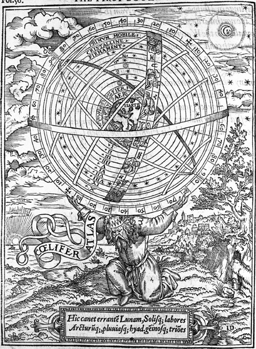 Atlas bearing the heavens in the form of an armillary sphere from William Cunningham, The Cosmographicall Glasse, London 1559. The verse at the bottom of the engraving is from Book I of Virgil's Aeneid, in which Atlas is referred to as a teacher of astronomy.