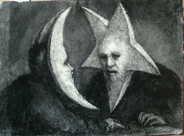 Astrologers. ''Paul Rumsey's work stems from the tradition of the fantastic and grotesque. He draws both on mythology and fairytale and on contemporary items from the news. Some ideas come from dreams, when half asleep.''