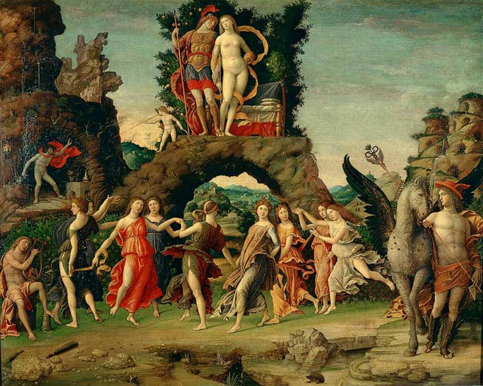 Andrea Mantegna. Parnassus.The nine muses...''The title of the painting is Mount Parnassus, a location said to be special to the Muses. We see them in the lower center, dancing in a circle while a male figure (perhaps the god Apollo or possibly Orpheus) plays the lyre on the left''