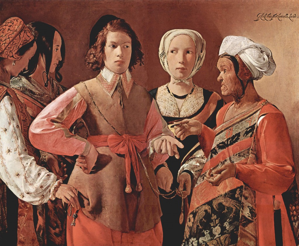 Georges de La Tour. ''The present painting catches a moment in which a young man of some wealth is having his fortune told by the old woman at right; she takes the coin from his hand, not only in payment, but as part of the ritual in which she will cross his hand with it. Most or all of the women portrayed are gypsies, and, furthering the stereotype of the time, they are depicted as thieves. As the young man is engrossed in the fortune-telling—an act which, if discovered, would have repercussions for both him and the gypsies—the leftmost woman is stealing the coin purse from his pocket, while her companion in profile has a hand ready to receive the loot. The pale-faced girl on the boy's left is less clearly a gypsy, but is also in on the act as she cuts a medal worn by the boy from its chain. The figures in the painting are close together, as if in a play, and the composition may have been influenced by a theatrical scene. The modern discovery of the painting is said to be traced to a French prisoner of war who viewed de La Tour's works in a monograph and found a likeness with a painting hung in a relative's castle.''