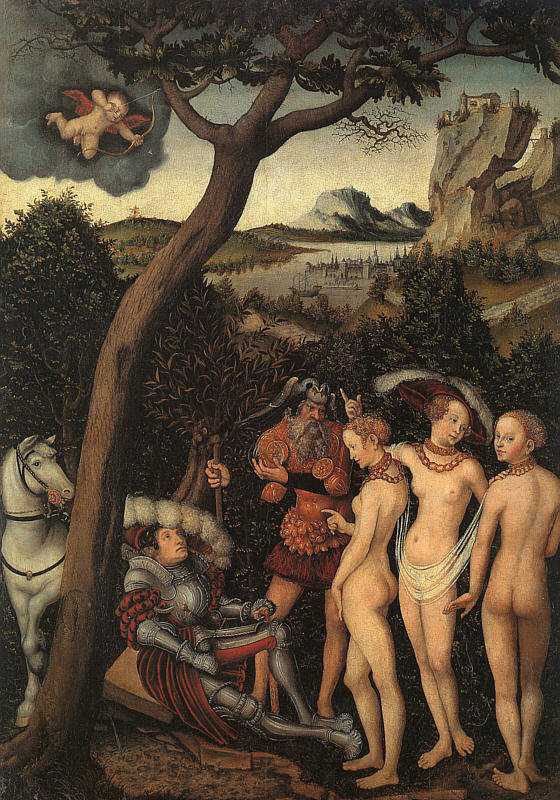 Lucas Cranach.''Zeus then decreed that this quarrel over the golden apple was to be settled by a mortal man named Paris, living the life of a shepherd at that time, unaware that his true parents were the rulers of the mighty city of Troy. So one day, literally out of the blue, Hermes came to Paris out tending his flocks, and gave him the golden apple along with Zeus' instructions to decide which goddess would get it. He had to choose between Hera, Zeus' wife, Athena, the warrior goddess, and Aphrodite, the goddess of love, beauty and sex.''