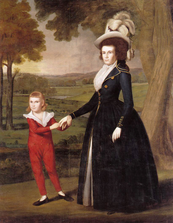 Ralph Earl paints Mrs. William Moseley (1791) in her navy riding habit, accented in gold and topped with a cream-colored hat.