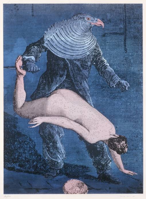 ''His arm also covers the mother’s genitals and therefore blocks her sexual availability, as per oedipal prescription. Consider that the bird-child is facing and possibly moving (thrusting its neck) to the left, towards the sexual enticements of the mother, as is the father with his aggressive striding and simultaneously penetrating and covering gesture. Father and son compete here for access to the primal mother. This sexual combat, moving always left, is reinforced by the enigmatic figure in the distance, also facing left, holding or pushing an ambiguous object that can be read as phallic, pointing towards the mother-creature. This sexual geography combines with the literal westward mapping of the fascist reading to suggest a conflation of national and sexual destiny—a conquering fascist male; passive, yielding Paris to the left/west.''